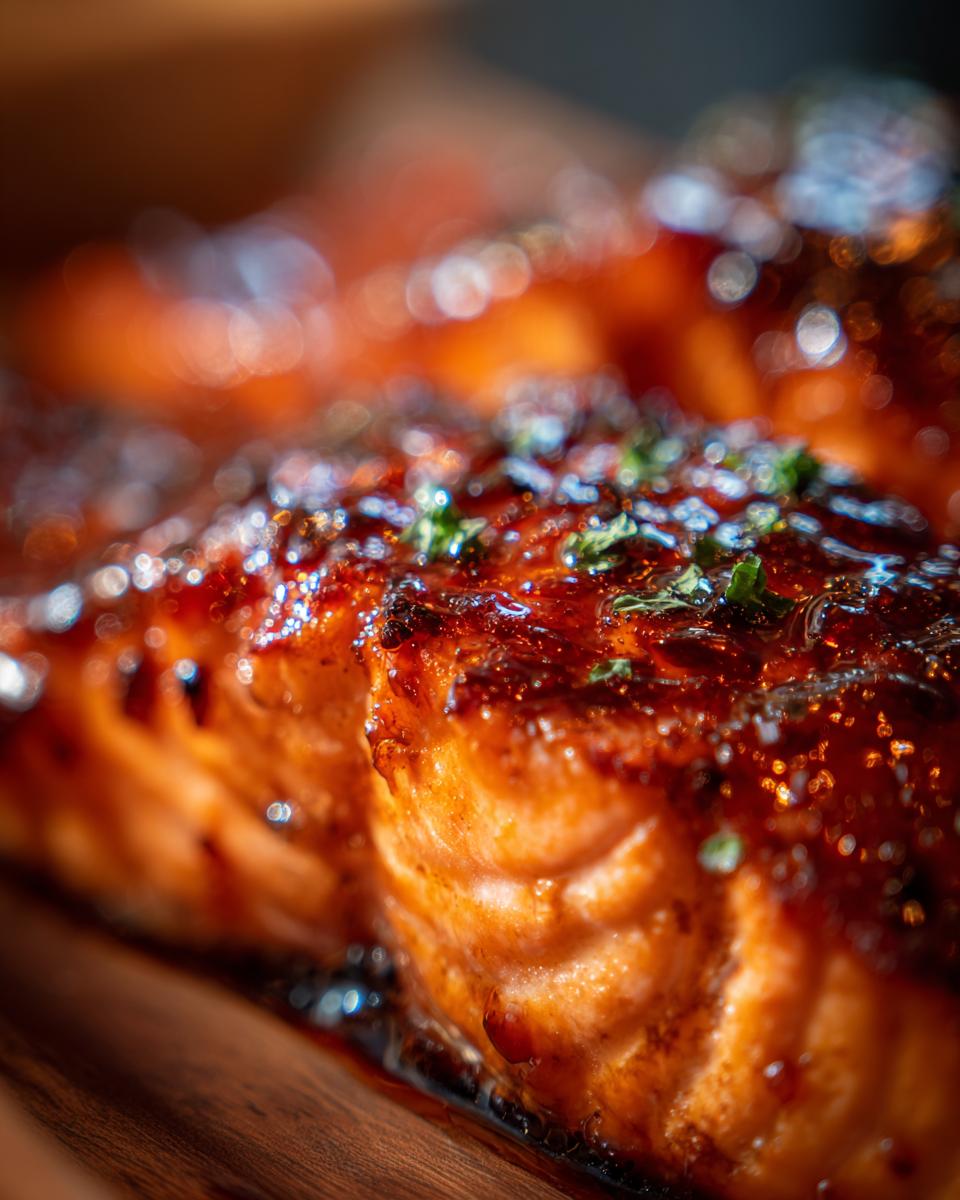 Detailed close-up of a piece of Teriyaki Salmon, showcasing the glaze and parsley garnish.