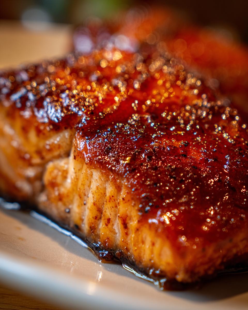 A close-up shot of a perfectly glazed piece of Teriyaki Salmon, showcasing its texture and rich color.