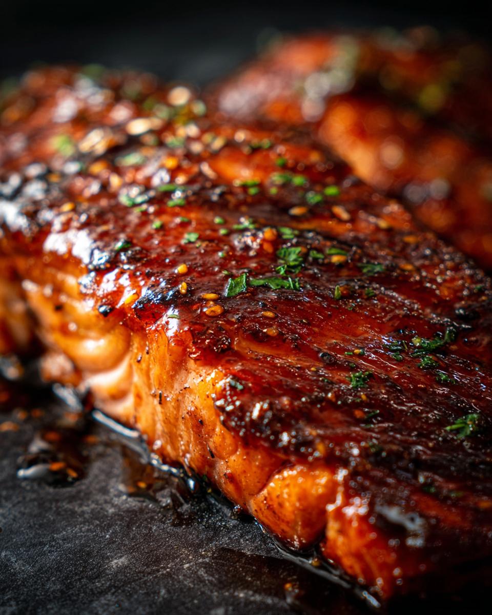 Close-up of a glazed Teriyaki Salmon fillet, garnished with sesame seeds and herbs.