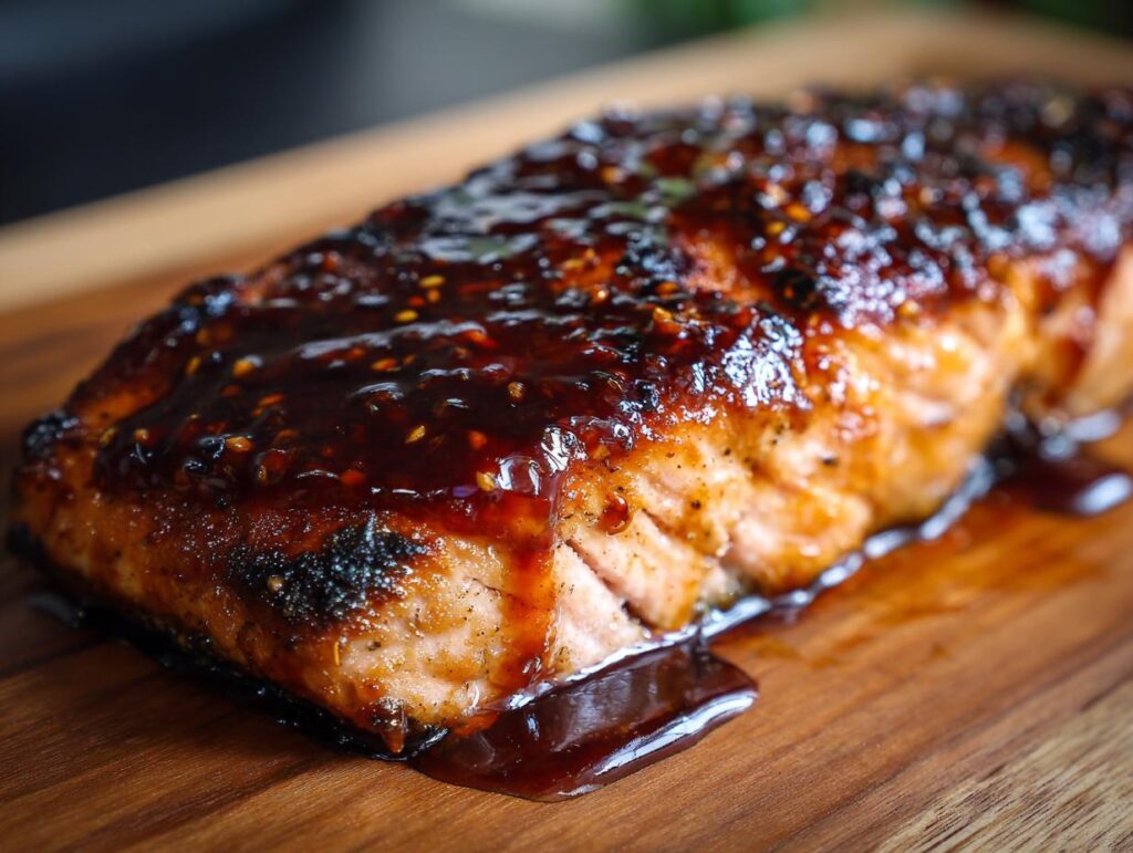 Close-up of a glazed Teriyaki Salmon fillet on a wooden board, showcasing the rich sauce and texture.