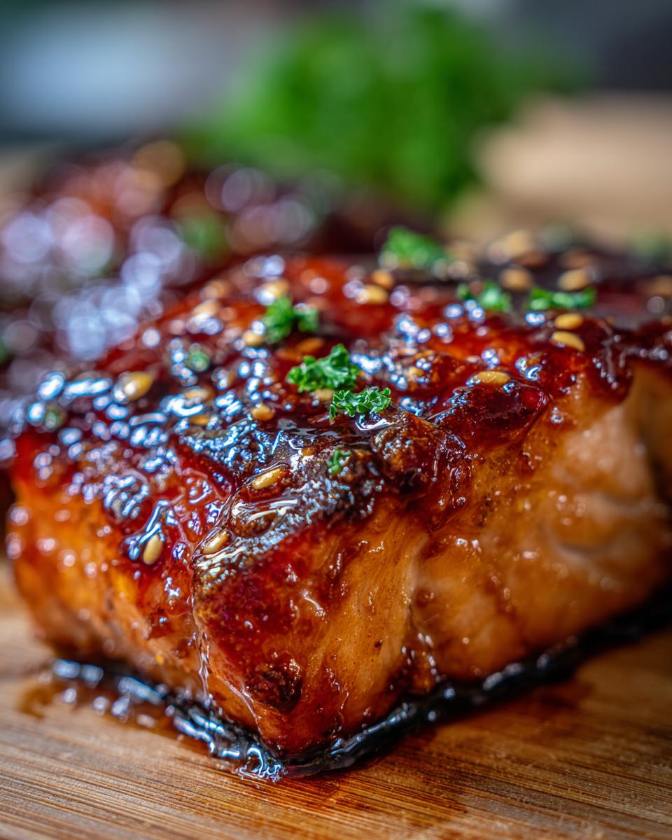 Close-up of glazed Teriyaki Salmon fillet with sesame seeds and parsley on a wooden board, showcasing its texture and color.