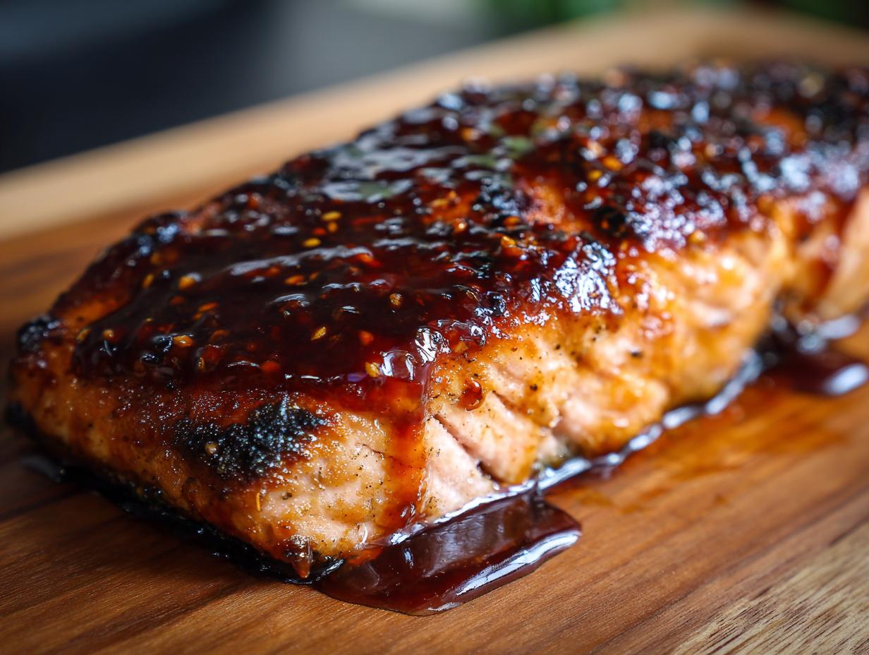 Close-up of a glazed Teriyaki Salmon fillet on a wooden board, showcasing the rich sauce and texture.