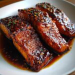 Three glazed Teriyaki Salmon fillets on a white plate, glistening with sauce and garnished with herbs.