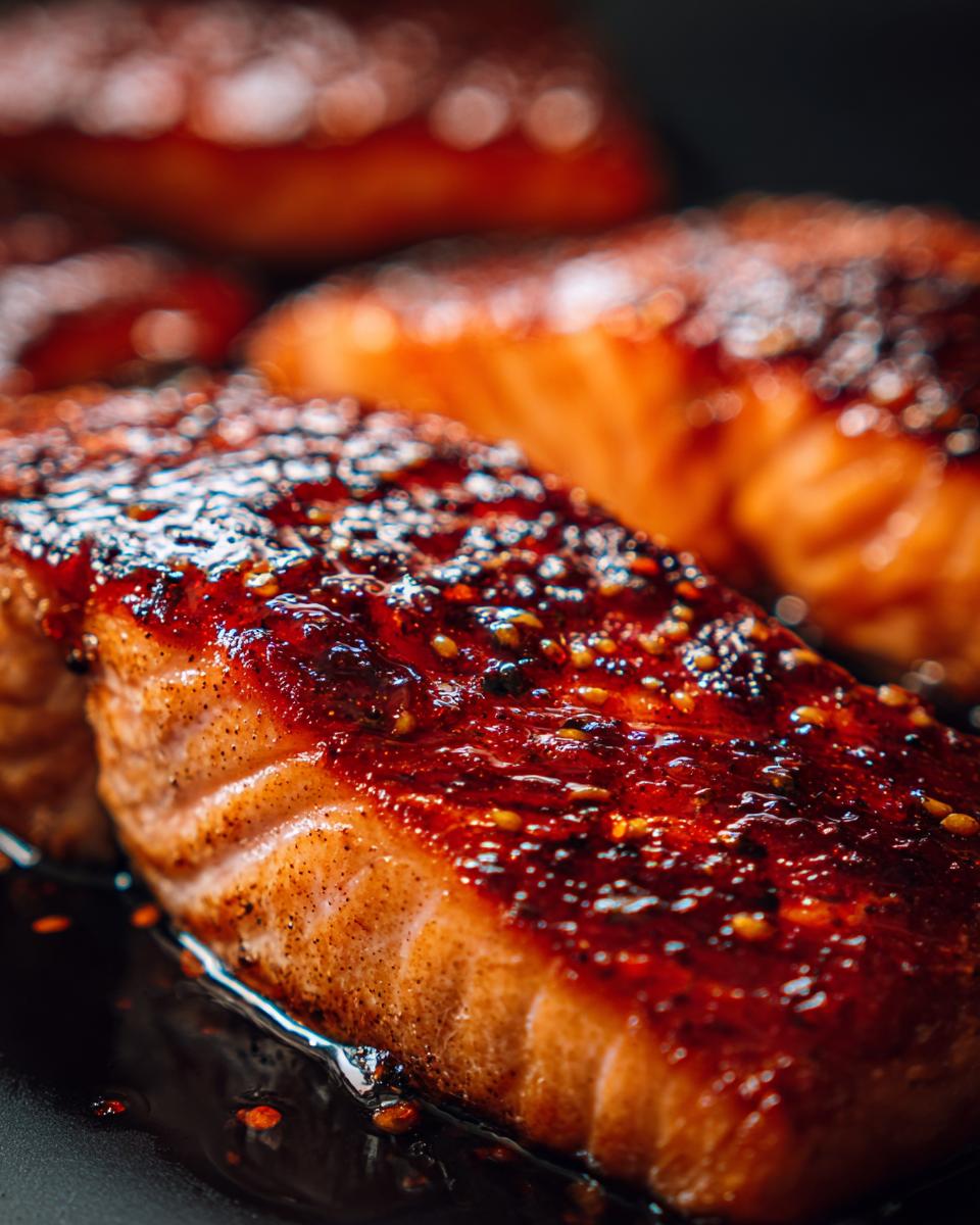 A close-up shot of glazed Teriyaki Salmon fillets, showcasing the rich color and texture of the dish.