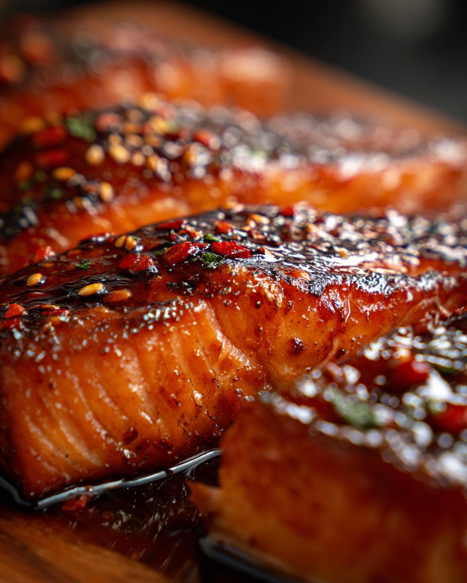 Close-up of glazed Teriyaki Salmon fillets, sprinkled with sesame seeds and herbs.