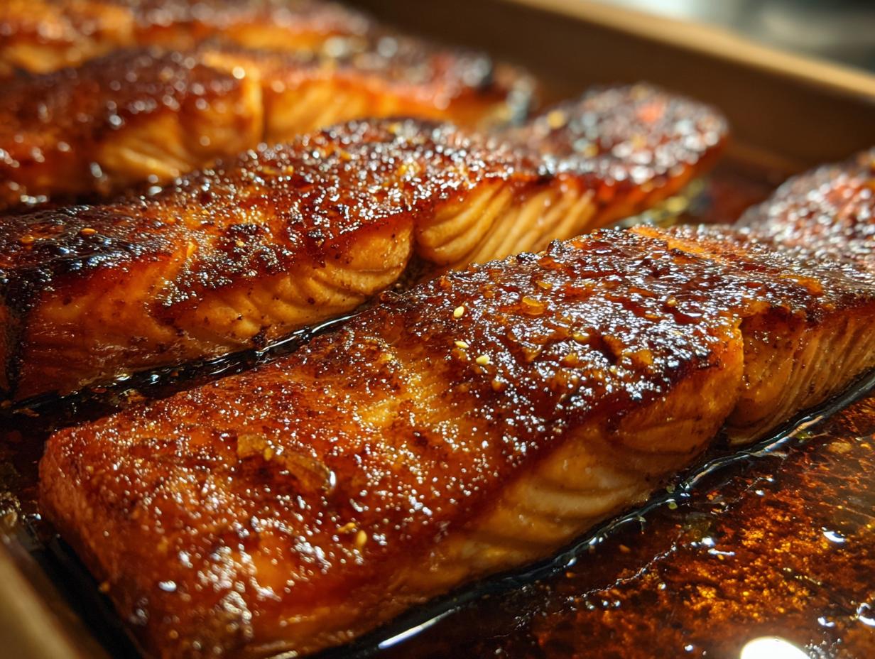 Close-up of glazed Teriyaki Salmon fillets, showcasing the caramelized sauce and flaky texture.