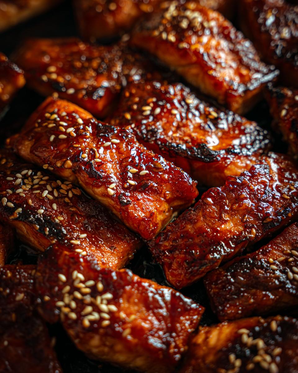 Close-up of glazed Teriyaki Salmon pieces, sprinkled with sesame seeds, ready to serve.