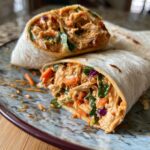 Two halves of 30-Minute Thai Peanut Chicken Wraps filled with chicken, veggies, and peanut sauce.