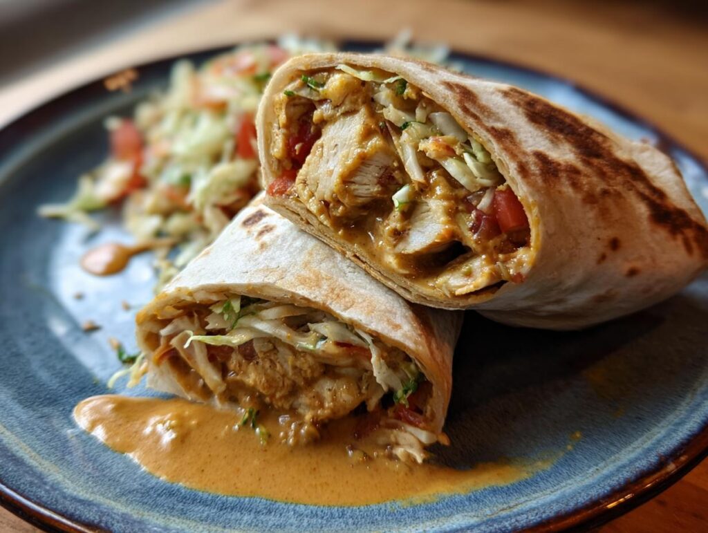 Two 30-Minute Thai Peanut Chicken Wraps cut in half on a blue plate with peanut sauce and a side salad.