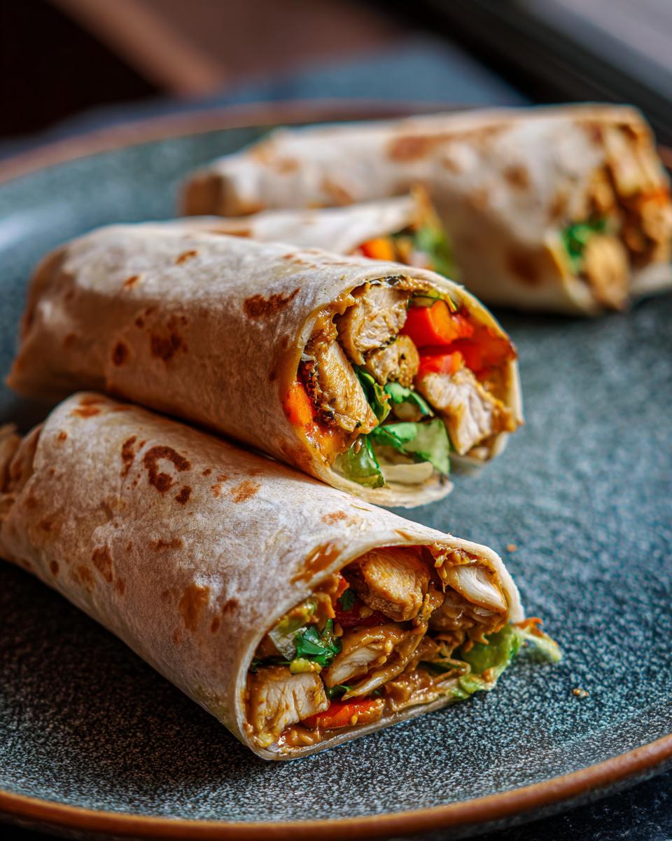 Three 30-Minute Thai Peanut Chicken Wraps on a plate, filled with chicken, lettuce, and vegetables.