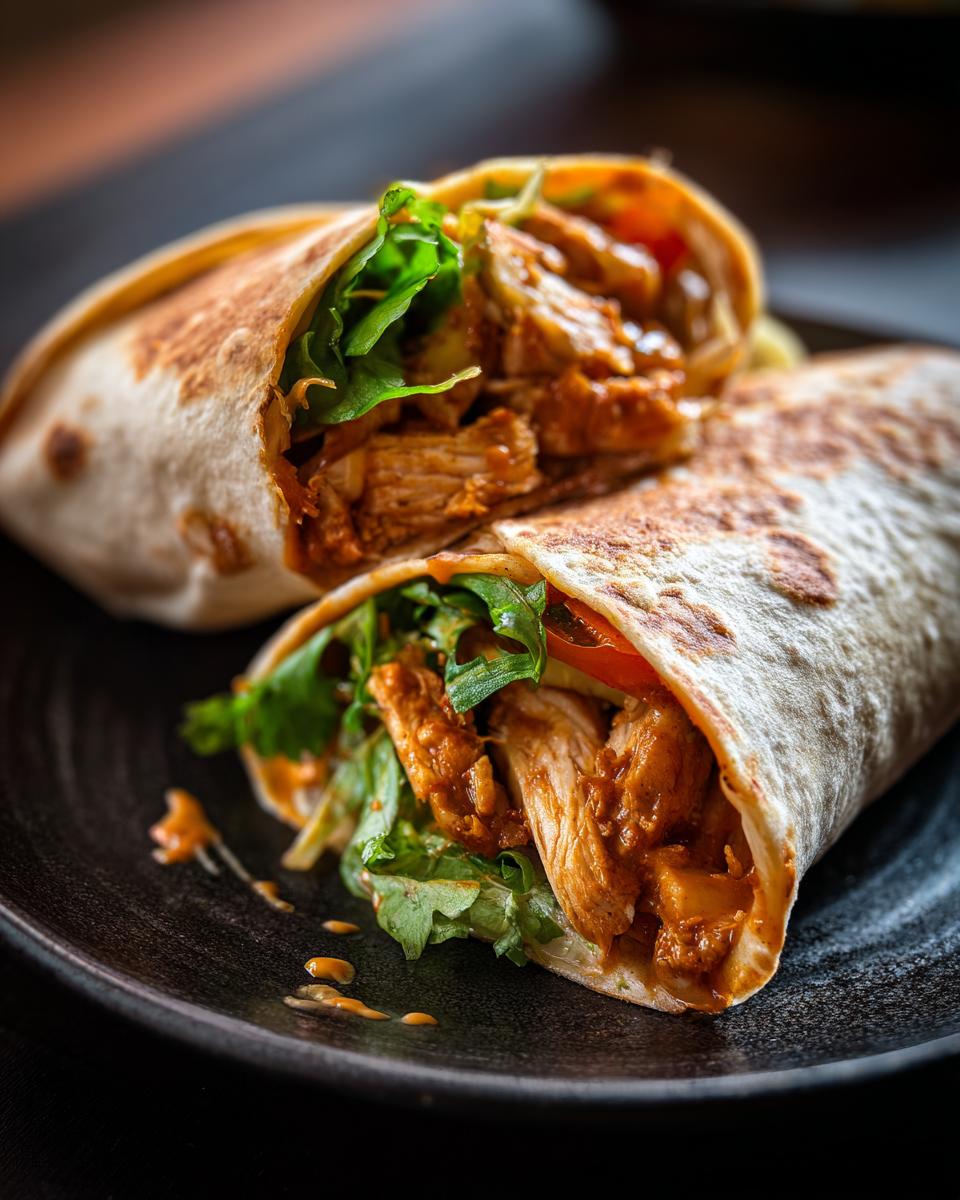 Two delicious 30-Minute Thai Peanut Chicken Wraps cut in half on a dark plate, filled with chicken and greens.