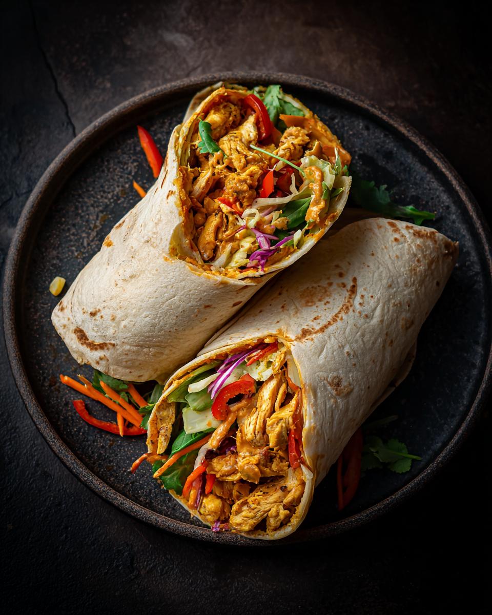 Two delicious 30-Minute Thai Peanut Chicken Wraps on a dark plate, filled with chicken and colorful vegetables.
