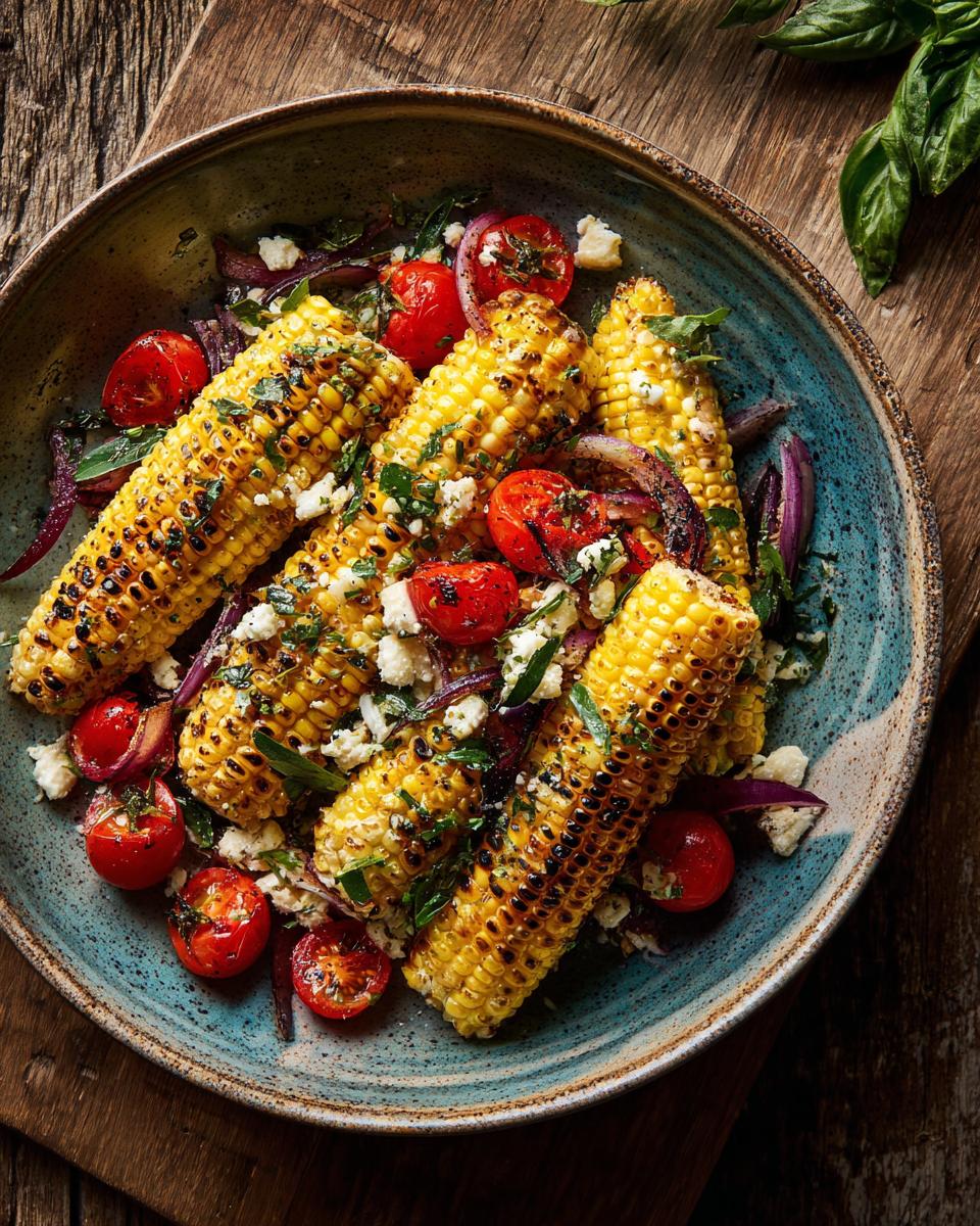 A vibrant bowl of The Grilled Corn Salad with grilled corn, tomatoes, red onion, and feta.