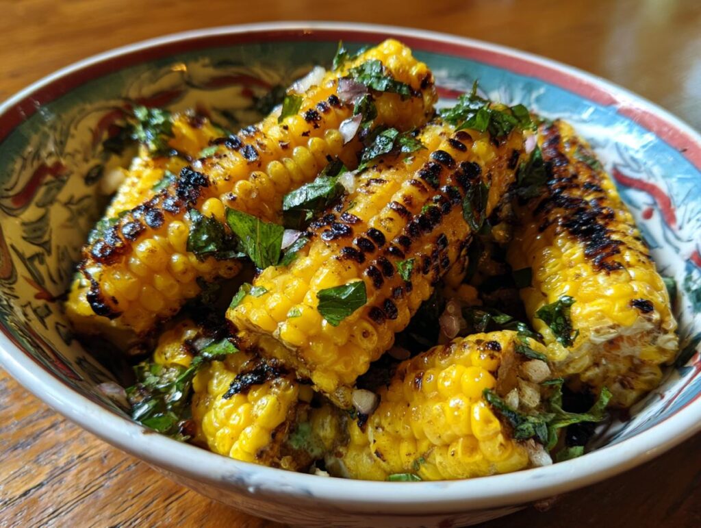 Close-up of The Grilled Corn Salad in a bowl, featuring charred corn, herbs, and onions.