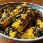 Close-up of The Grilled Corn Salad in a bowl, featuring charred corn, herbs, and onions.