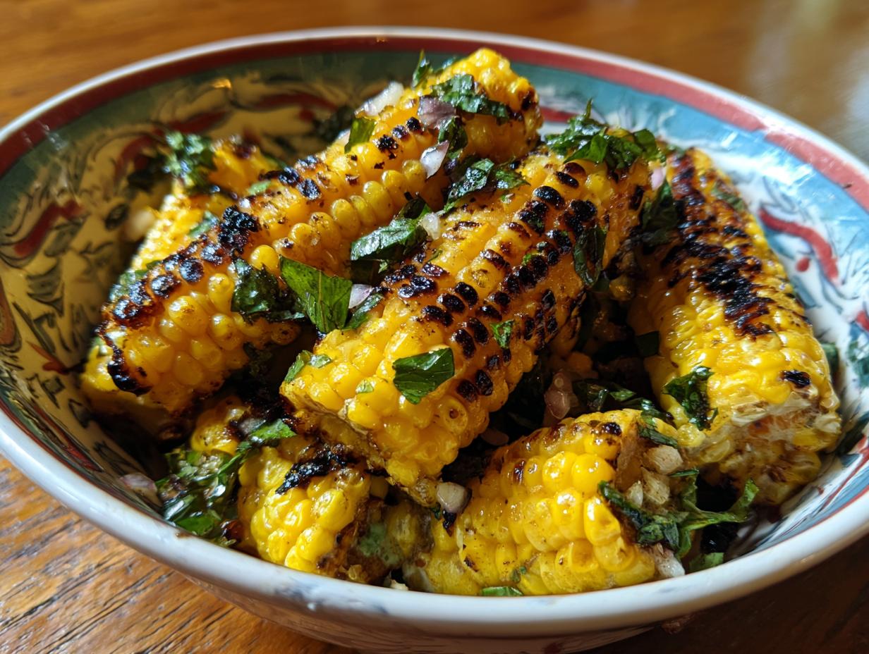 Close-up of The Grilled Corn Salad in a bowl, featuring charred corn, herbs, and onions.