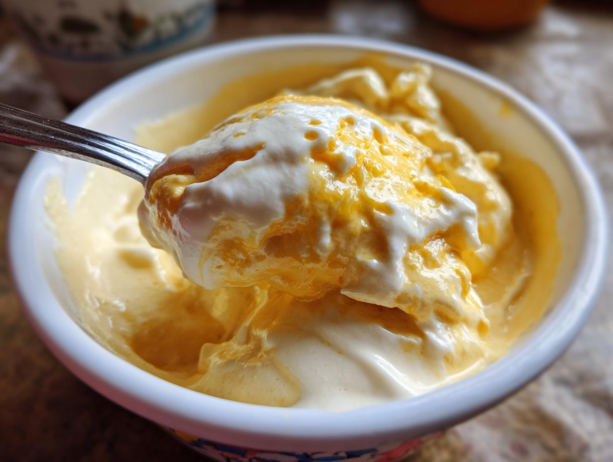 Spoonful of The Pumpkin Fluff dessert with whipped cream in a bowl.