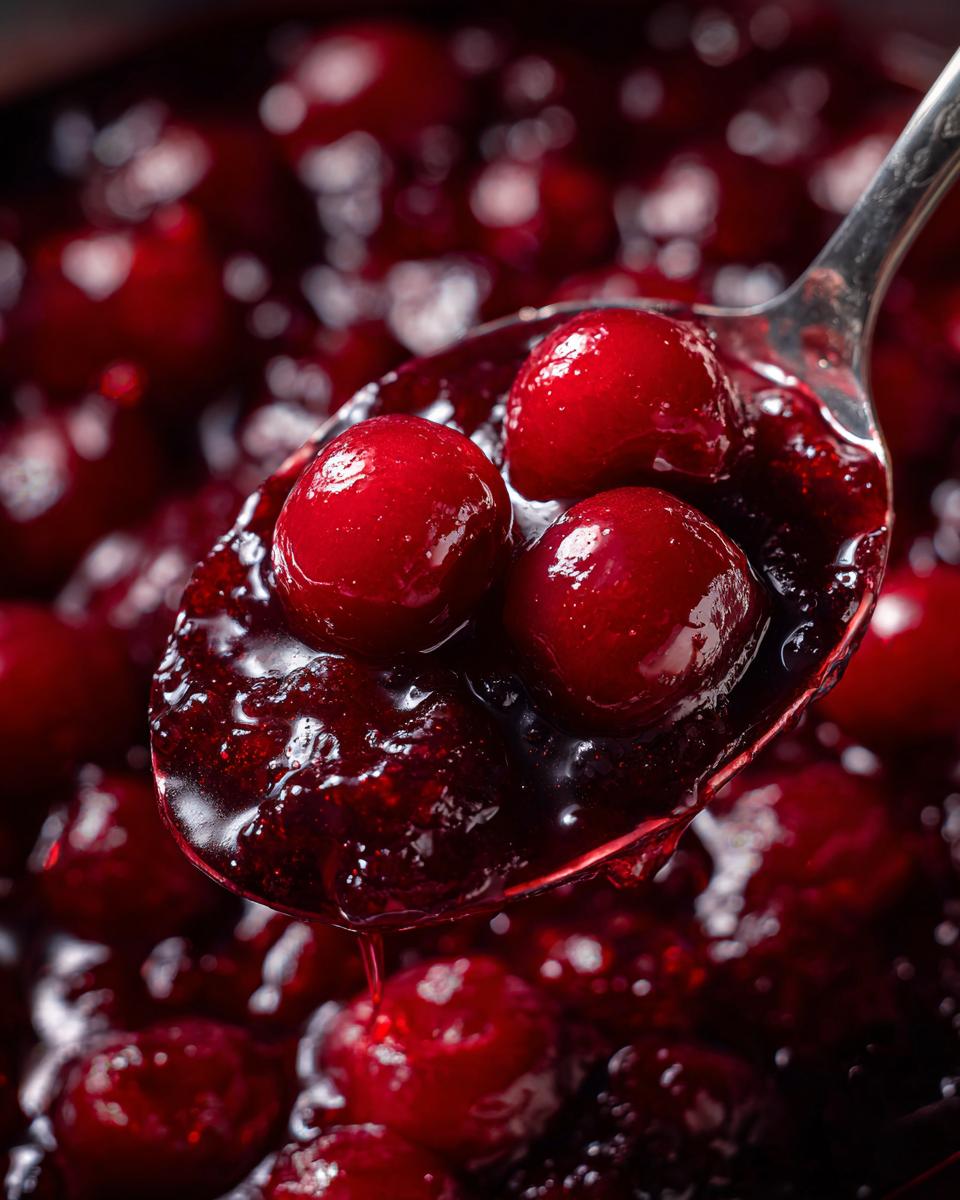 Spoonful of thick & juicy homemade cherry pie filling with plump cherries, ready for a perfect pie.