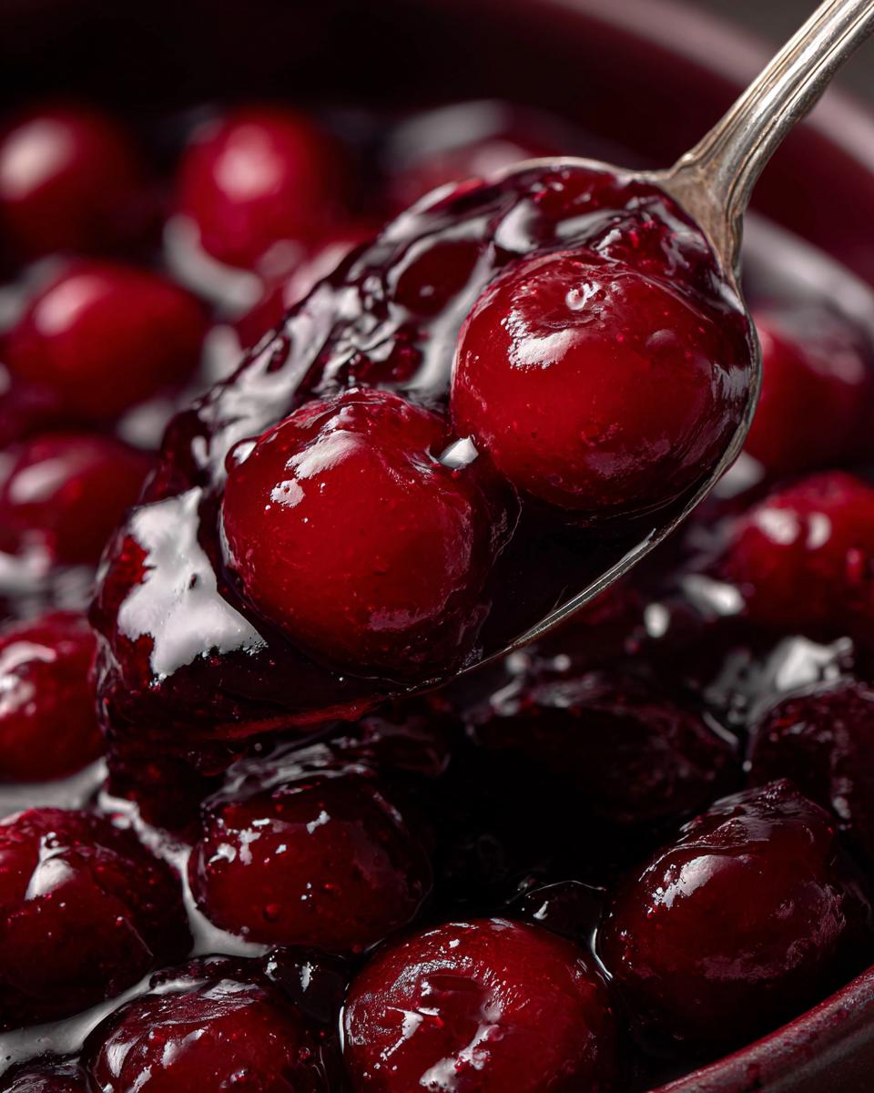 Close-up of a spoonful of thick and juicy homemade cherry pie filling, showing the rich color and texture.