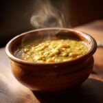 A bowl of steaming Thick & Creamy Split Pea Soup, served in a rustic brown bowl on a wooden surface.