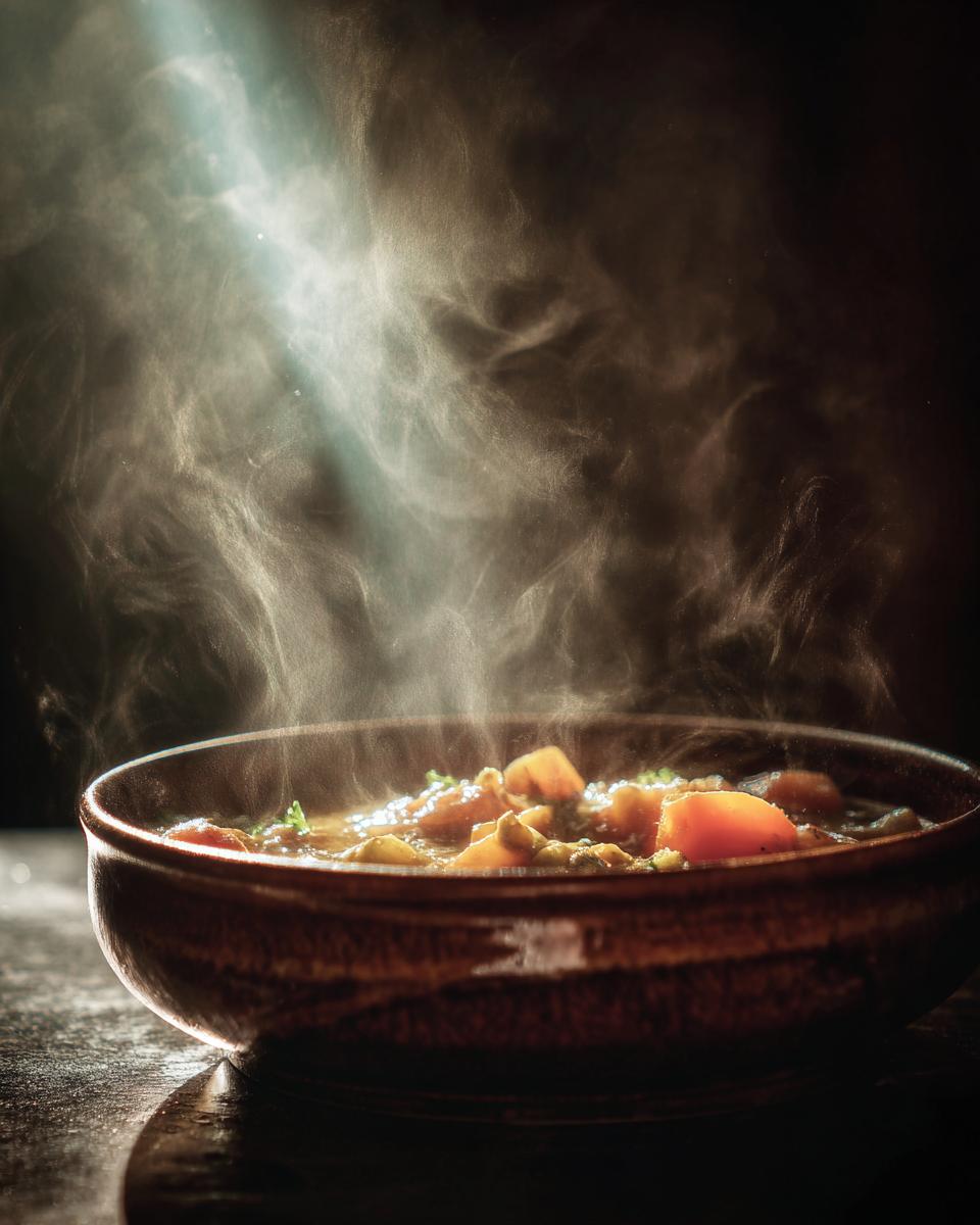 A bowl of steaming Thick & Creamy Split Pea Soup with visible peas, carrots, and herbs.