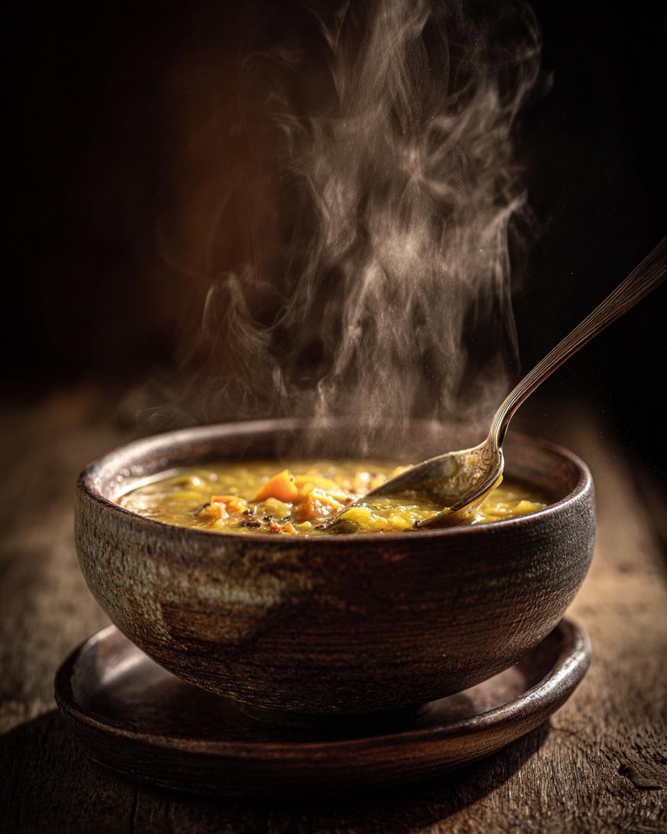 Bowl of steaming Thick & Creamy Split Pea Soup with a spoon, showcasing its rich texture and vibrant color.