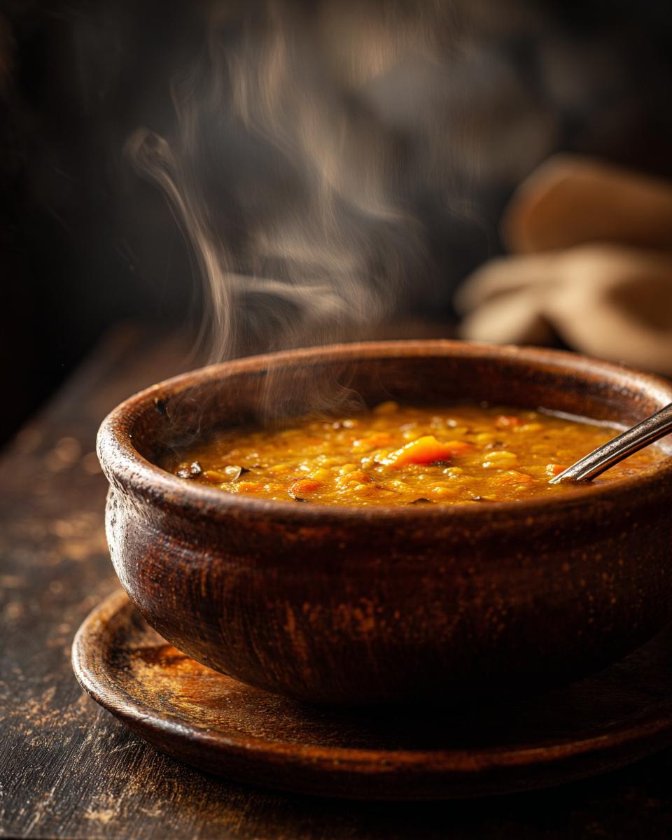 Steaming bowl of Thick & Creamy Split Pea Soup in a rustic bowl with a spoon, ready to eat.
