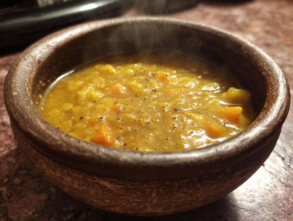 A rustic bowl filled with steaming Thick & Creamy Split Pea Soup, garnished with pepper.