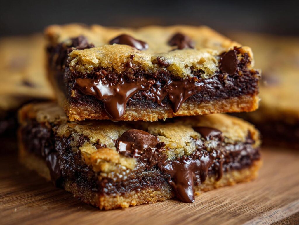 Stack of ultimate melt-in-your-mouth chocolate chip cookie bars with gooey chocolate filling.