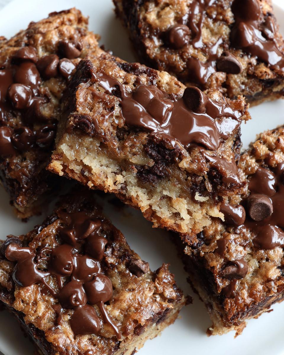 Close-up of several Ultimate Melt-in-Your-Mouth Chocolate Chip Cookie Bars with melted chocolate on top.