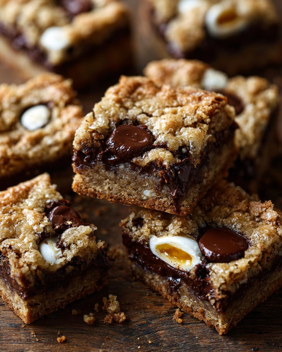 A stack of ultimate melt-in-your-mouth chocolate chip cookie bars with visible chocolate chunks and gooey centers.