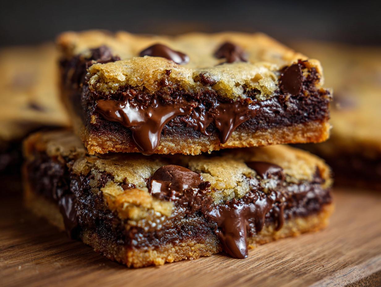 Stack of ultimate melt-in-your-mouth chocolate chip cookie bars with gooey chocolate filling.