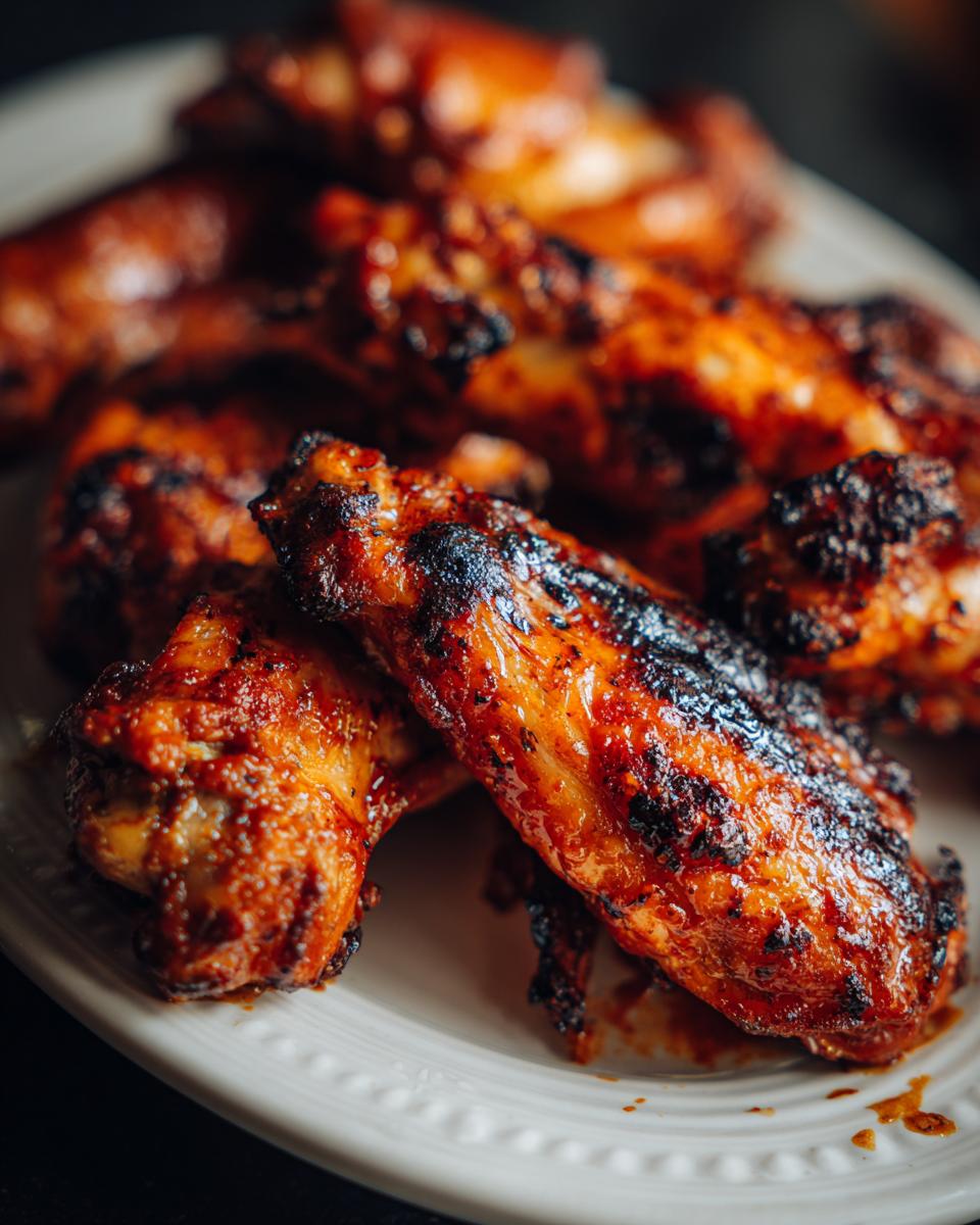 Close-up of a plate of Ultimate Crispy Baked Buffalo Wings, showing their crispy texture and buffalo sauce glaze.