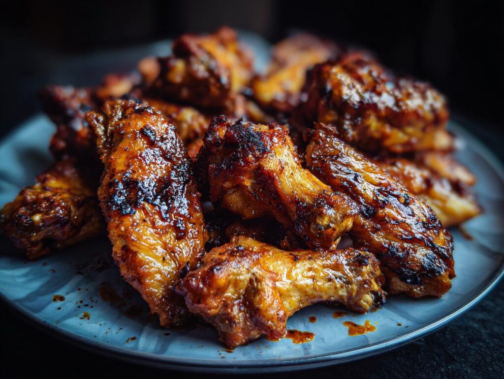 A plate piled high with delicious, glistening Ultimate Crispy Baked Buffalo Wings.
