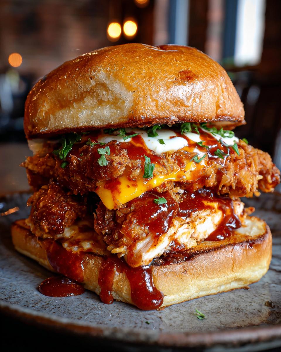 A stacked Ultimate Crispy Buffalo Chicken Sandwich with sauce, cheese, and a brioche bun.