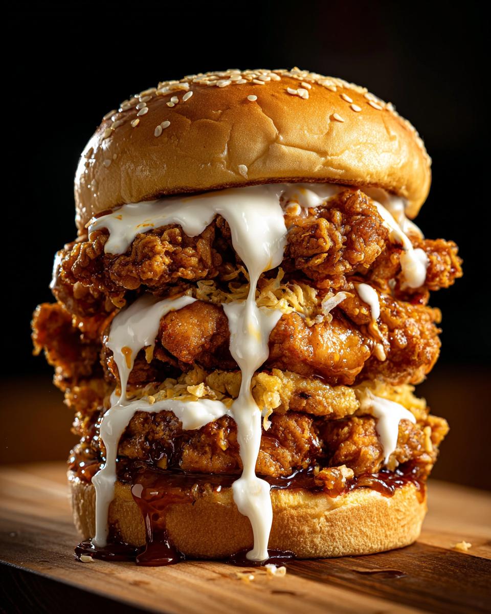 Towering Ultimate Crispy Buffalo Chicken Sandwich with sauce dripping down the sides.