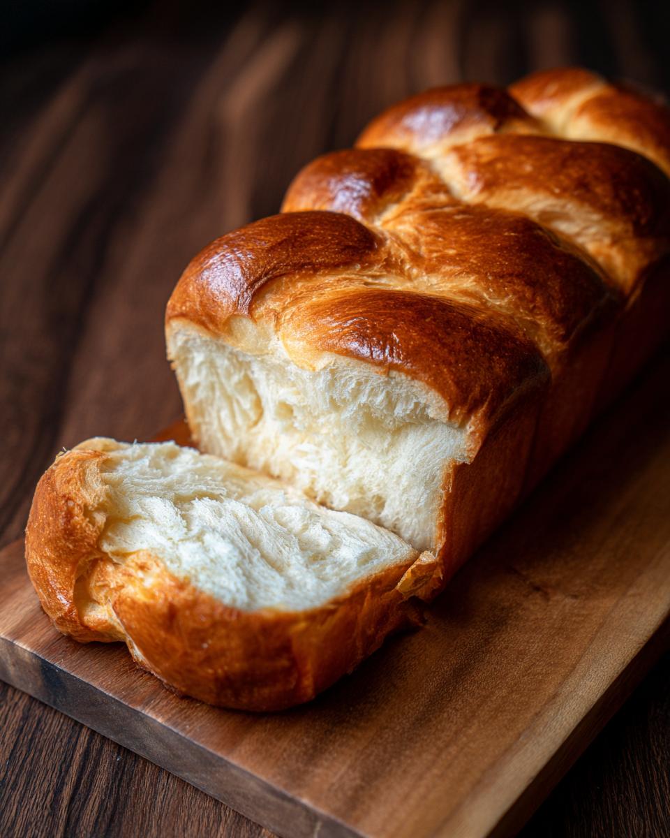 Close-up of a sliced loaf of Ultimate Fluffy Japanese Milk Bread on a wooden board, showing the soft, airy texture.
