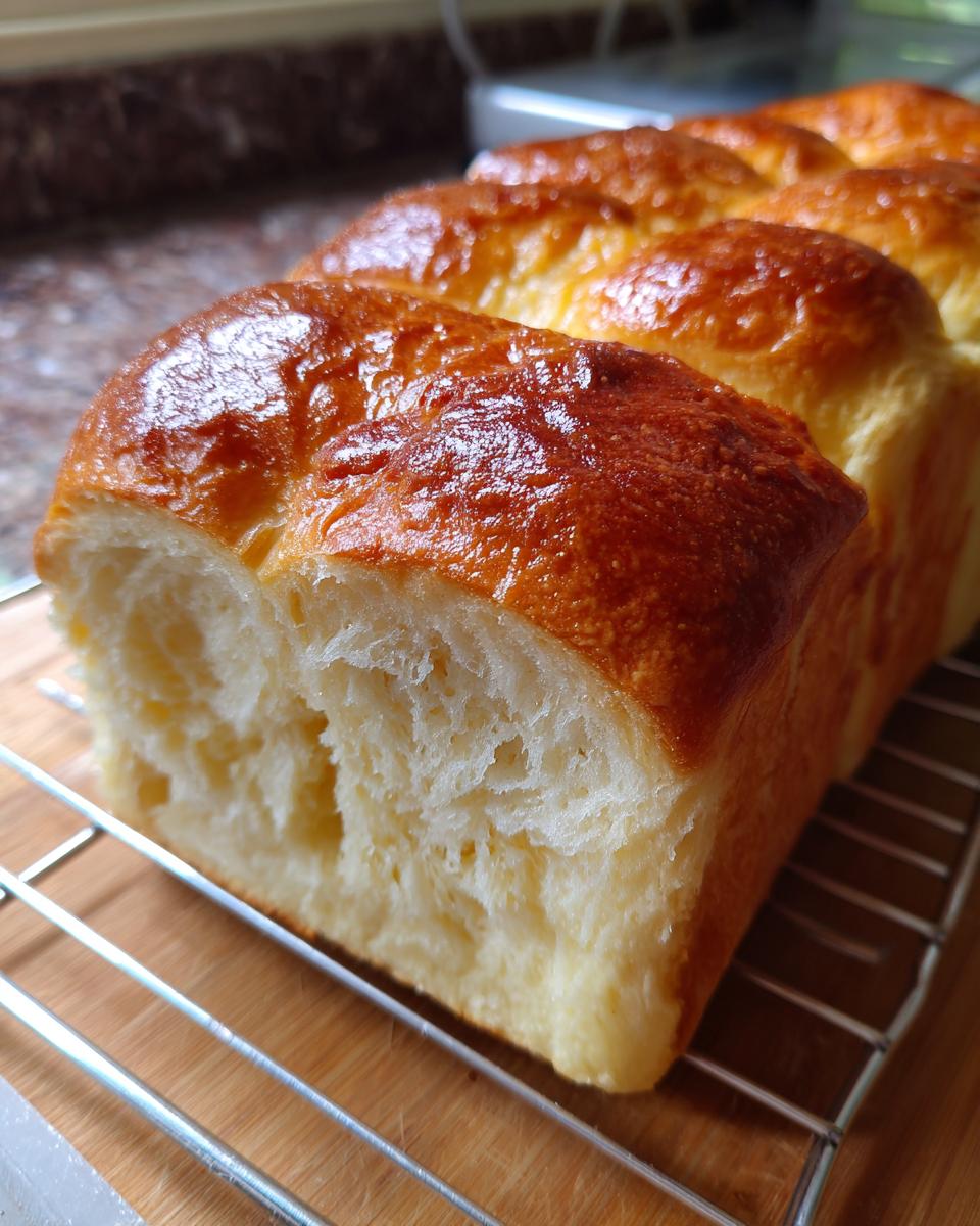 Close-up of a freshly baked loaf of Ultimate Fluffy Japanese Milk Bread on a wire rack.