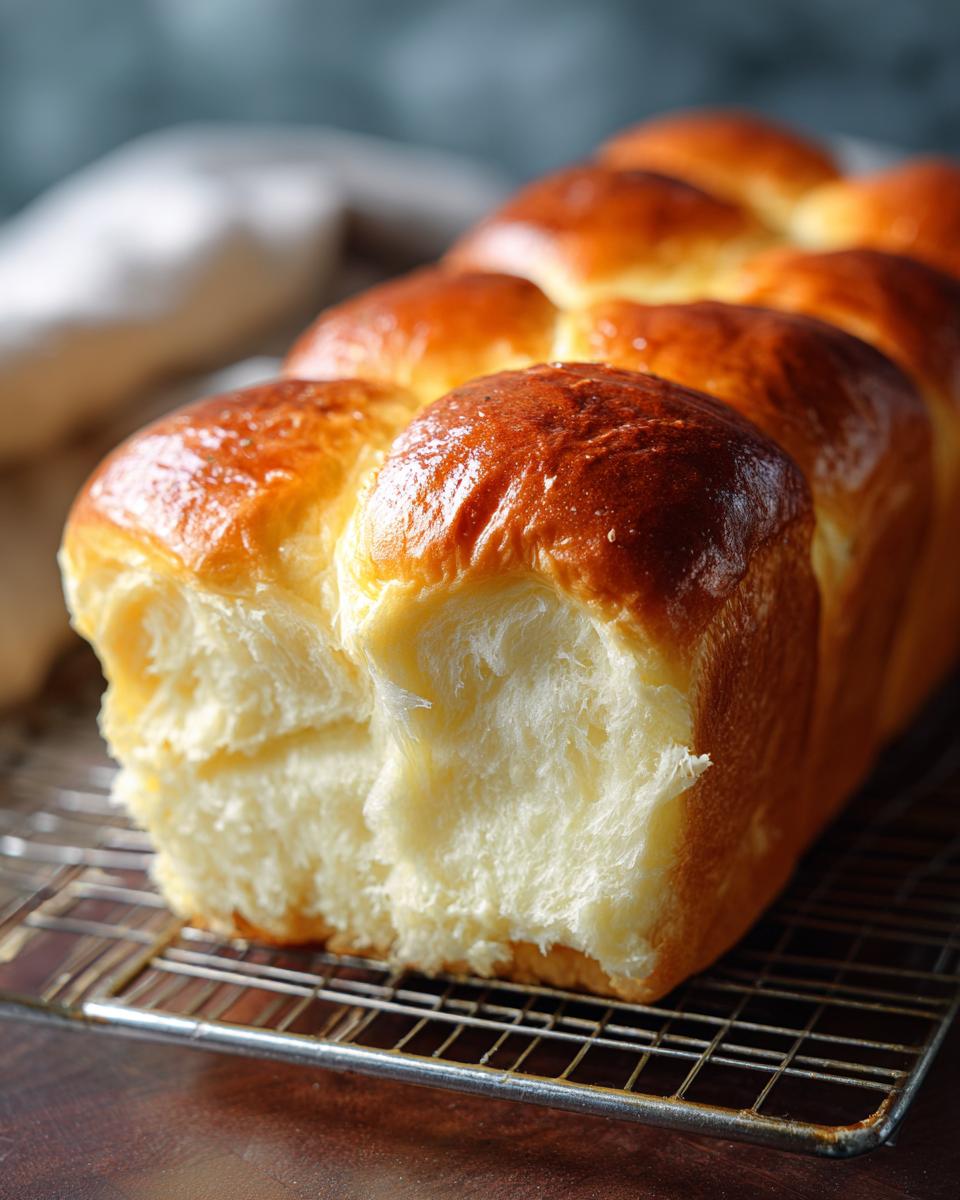 Close-up of a freshly baked loaf of Ultimate Fluffy Japanese Milk Bread on a wire rack, showing its soft texture.