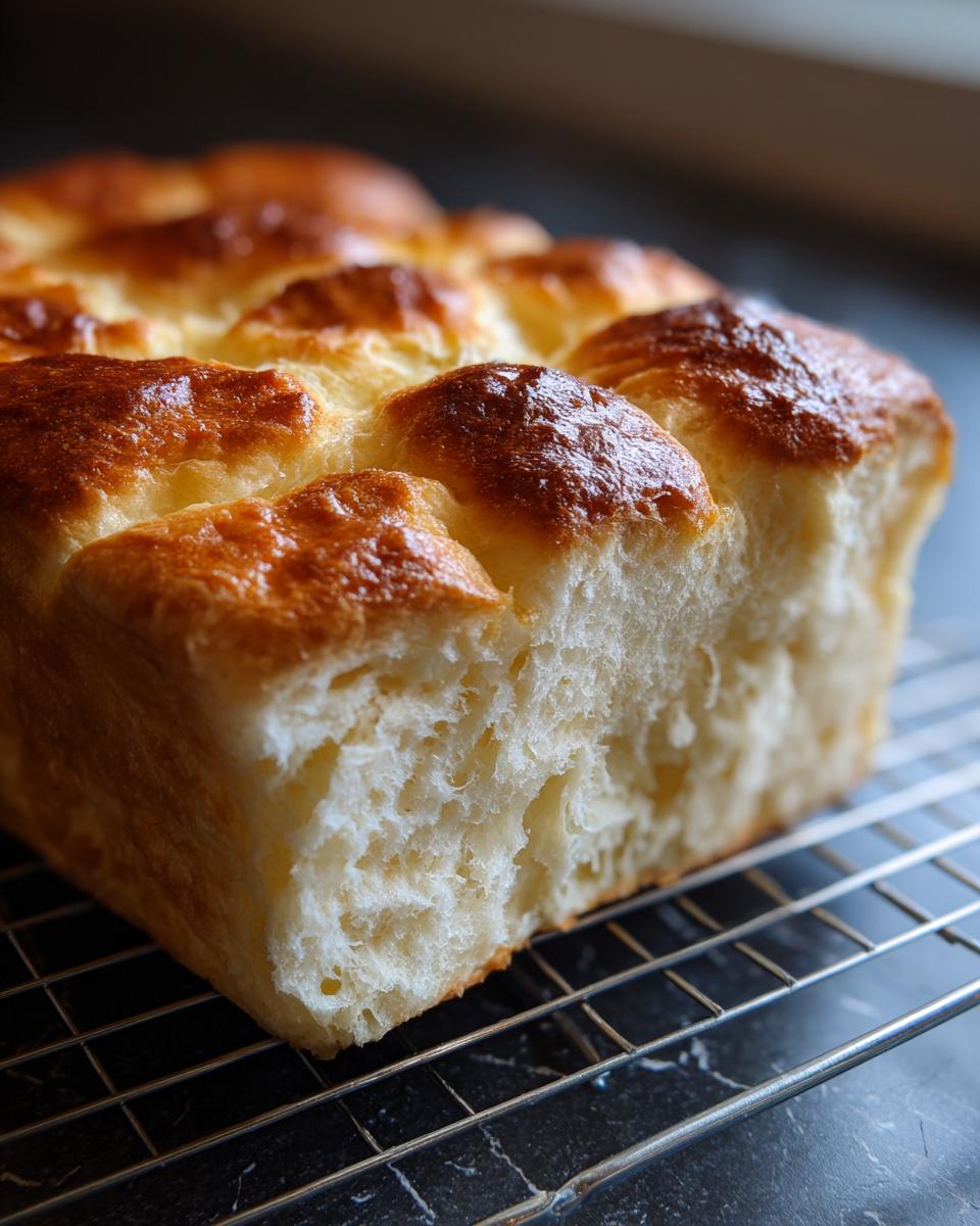 Close-up of a freshly baked loaf of Ultimate Fluffy Japanese Milk Bread on a wire rack, showing soft texture.