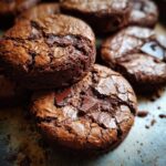 Close-up of freshly baked Ultimate Fudgy Brownie Cookies with visible chocolate chunks on a baking sheet.