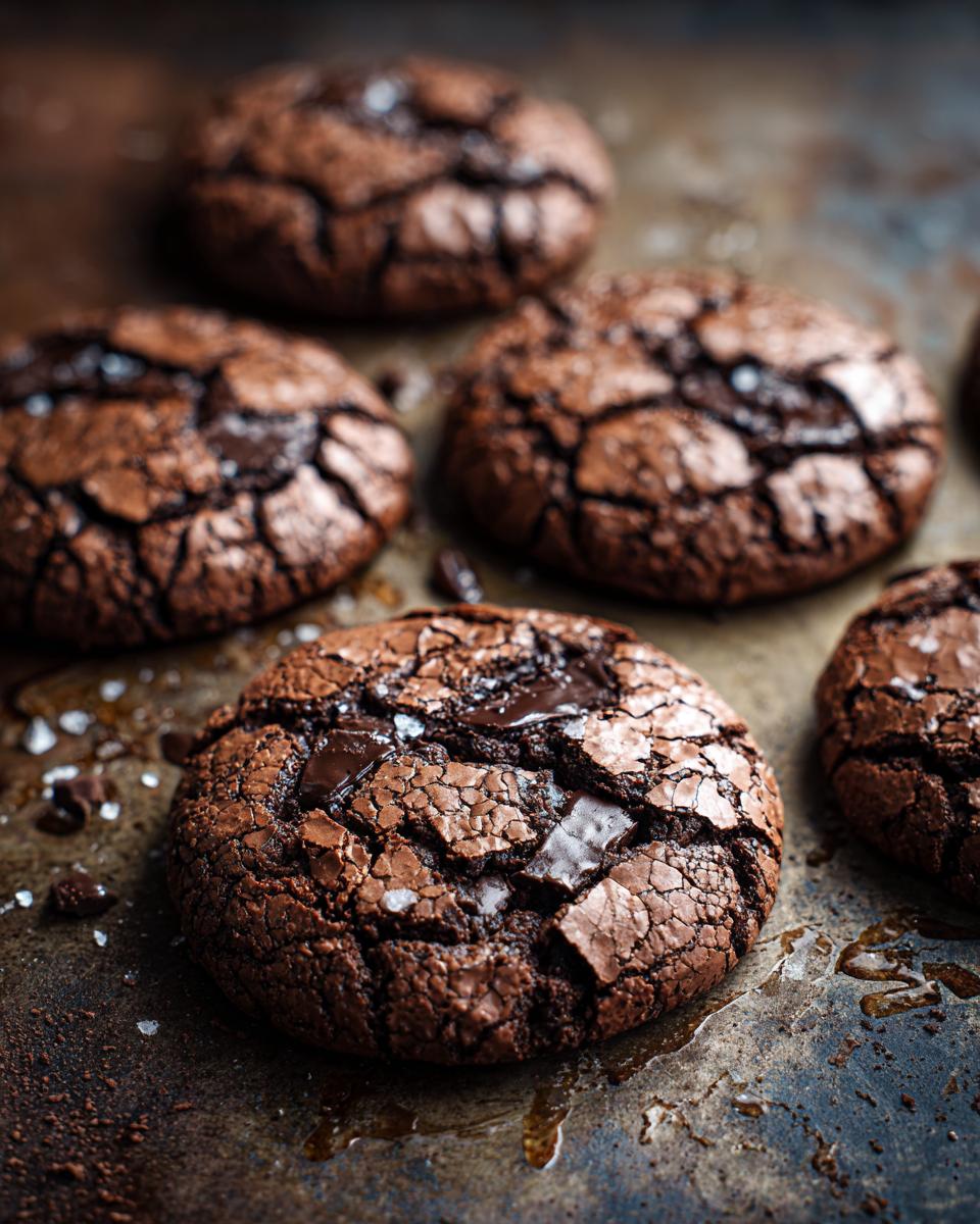 Close-up of several ultimate fudgy brownie cookies with cracked tops and chocolate chunks on a baking sheet.