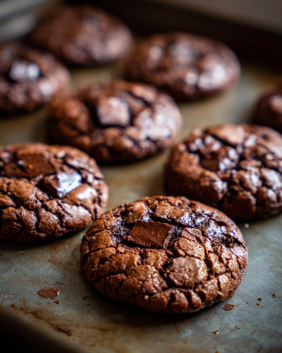 Close-up of several Ultimate Fudgy Brownie Cookies on a baking sheet, showcasing their cracked tops and chocolate chunks.