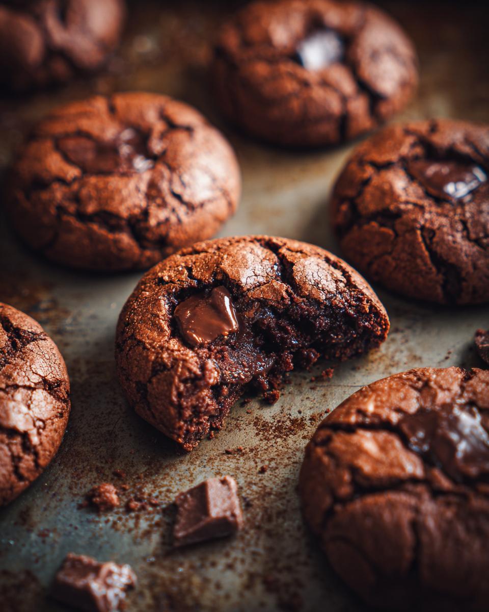 Freshly baked Ultimate Fudgy Brownie Cookies on a baking sheet, one with a bite taken out.