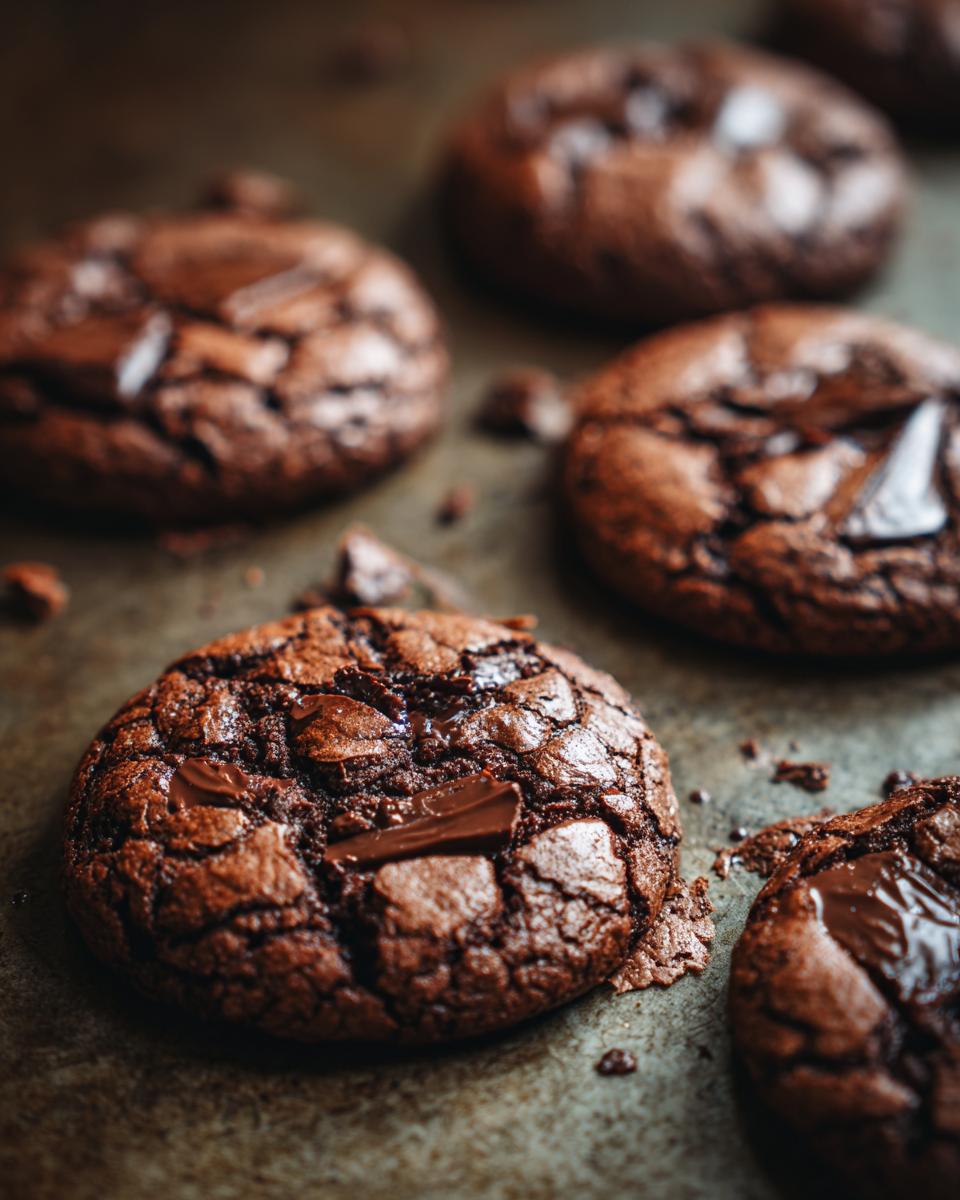 Close-up of ultimate fudgy brownie cookies with chocolate chunks on a baking sheet.