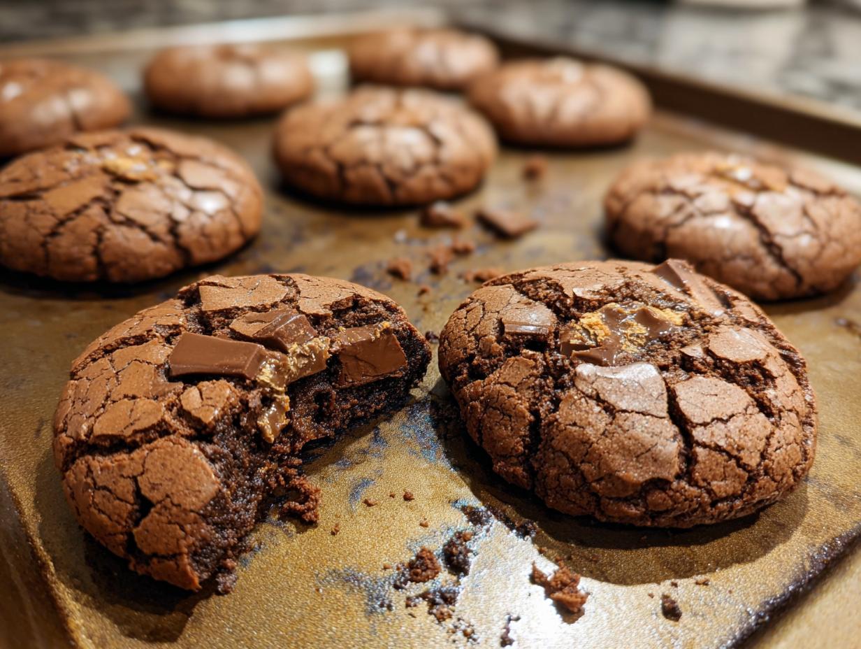 Freshly baked Ultimate Fudgy Brownie Cookies on a baking sheet, one broken to show the fudgy center.