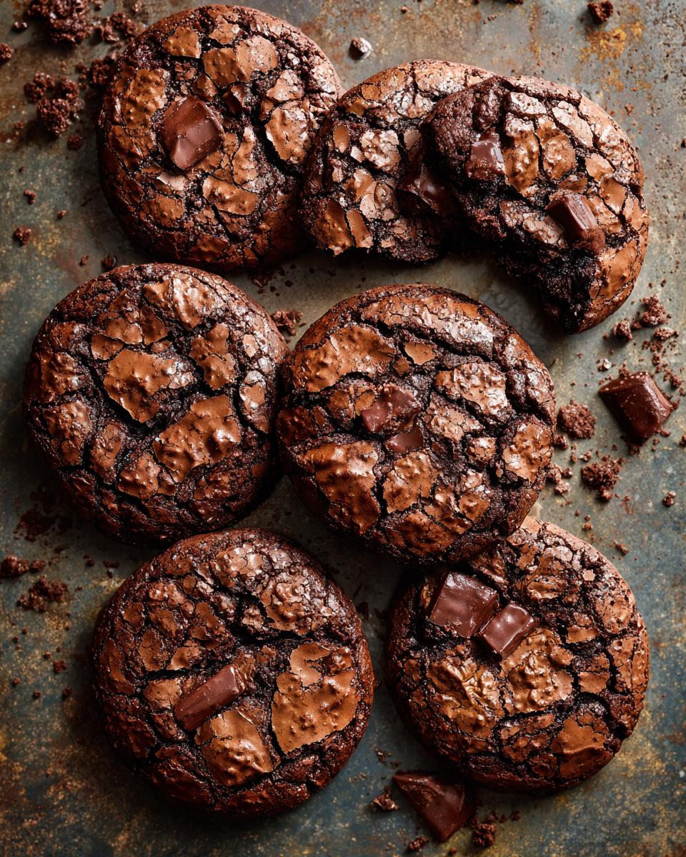 Overhead shot of several Ultimate Fudgy Chocolate Brownie Cookies on a dark, textured surface.