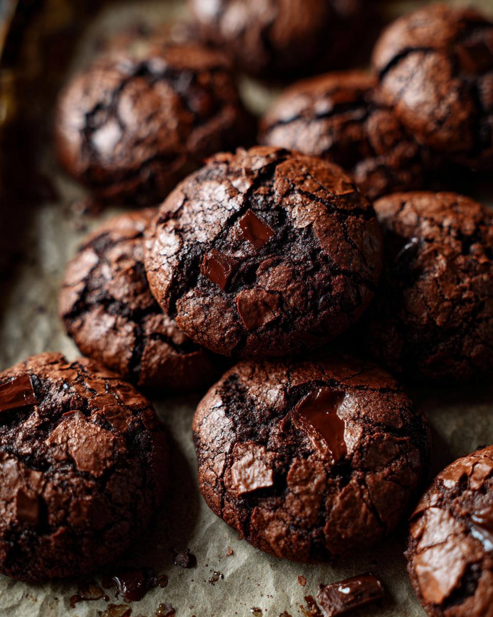 A batch of freshly baked Ultimate Fudgy Chocolate Brownie Cookies on parchment paper, featuring melted chocolate chunks.