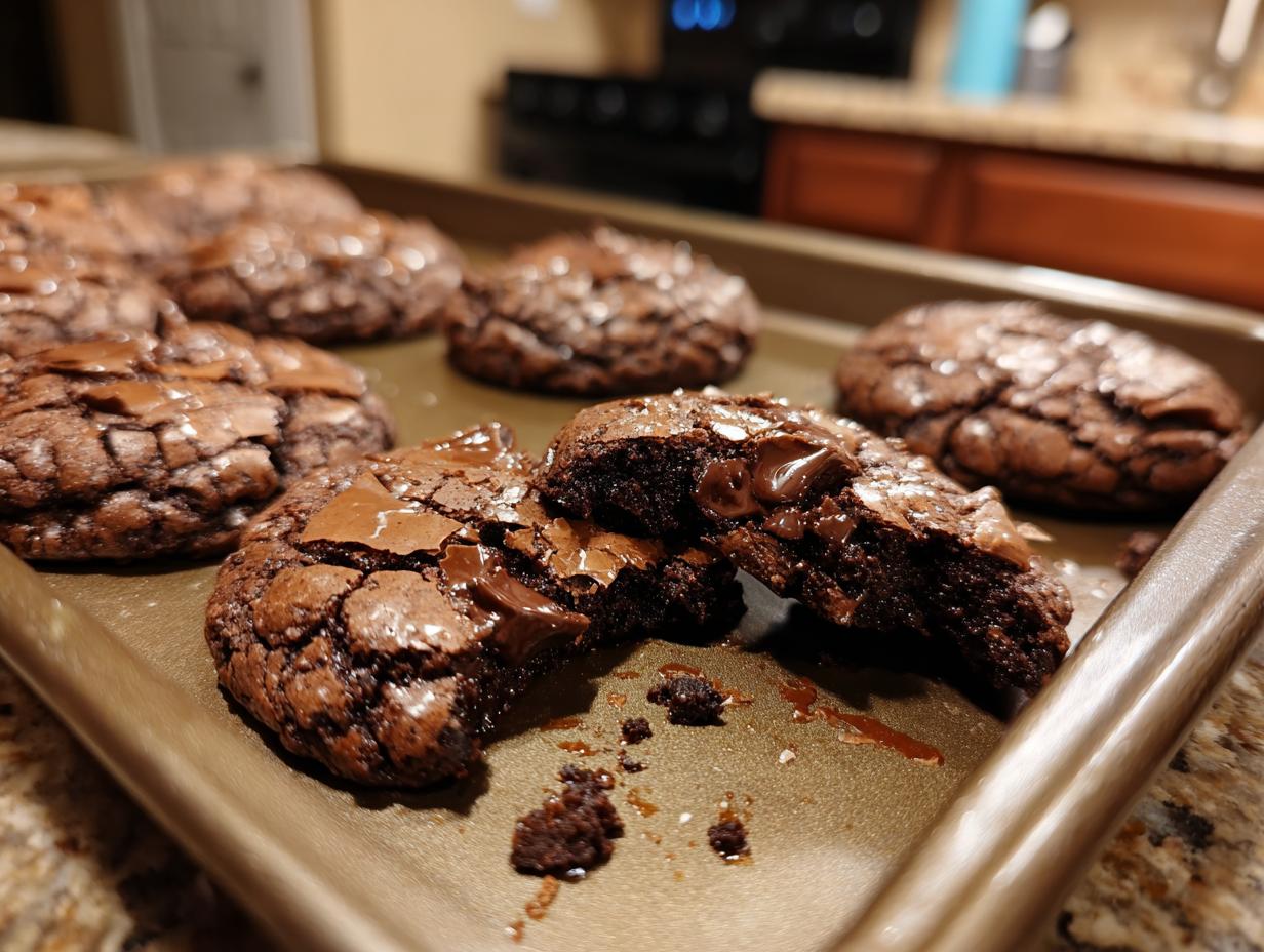 Freshly baked Ultimate Fudgy Chocolate Brownie Cookies on a baking sheet, one broken in half to show the fudgy center.