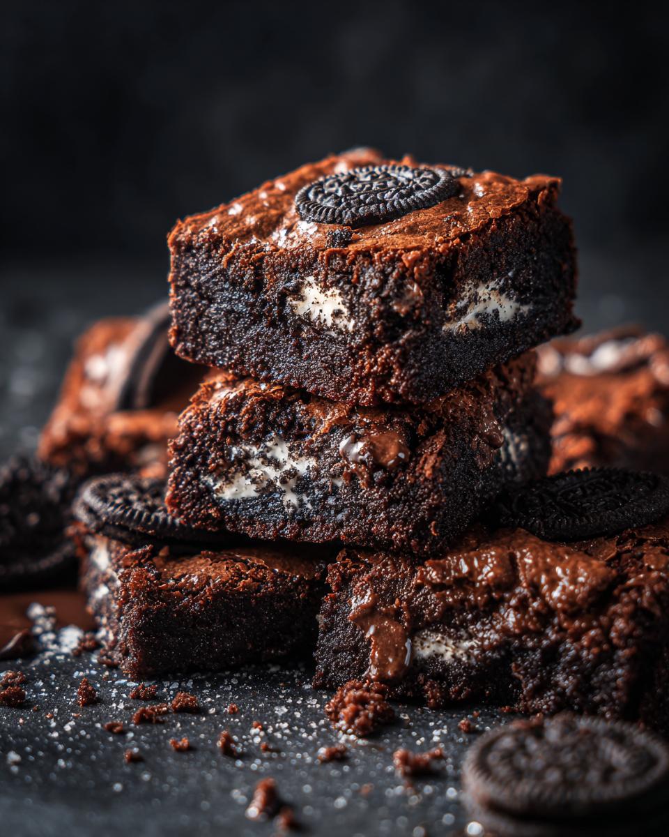 A stack of Ultimate Fudgy Oreo Brownies, topped with Oreo cookies, showing the creamy filling inside.